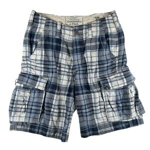 Vintage Abercrombie & Fitch Shorts Mens 30 Blue Plaid Cargo Drawstring Baggy Y2K